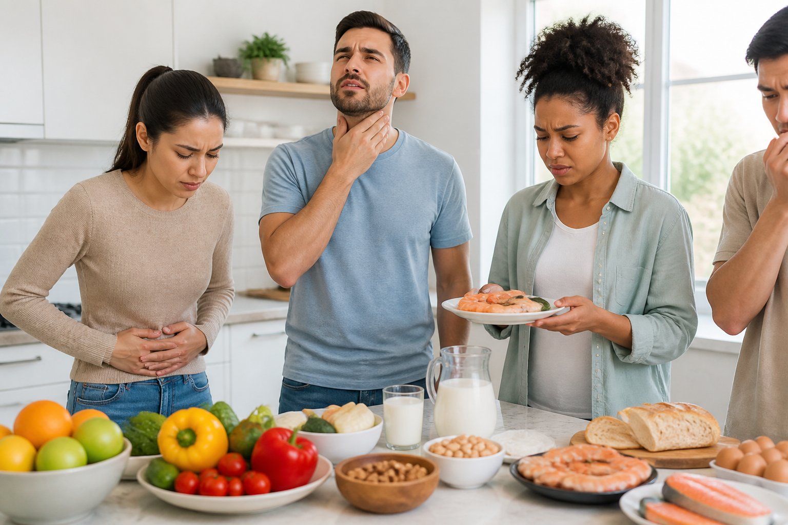 A group of people in a kitchen showing mild discomfort related to food intolerance while looking at food on the counter.