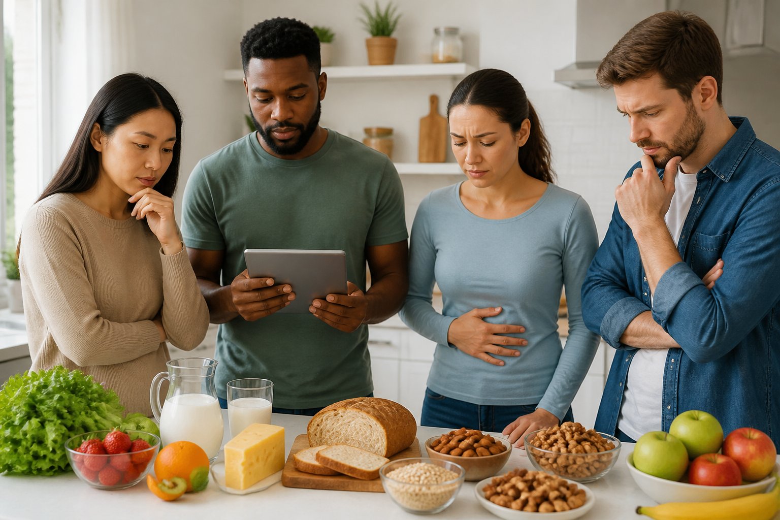 A group of adults in a kitchen examining common foods with one person holding their stomach, indicating discomfort.