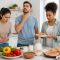 A group of people in a kitchen showing mild discomfort related to food intolerance while looking at food on the counter.
